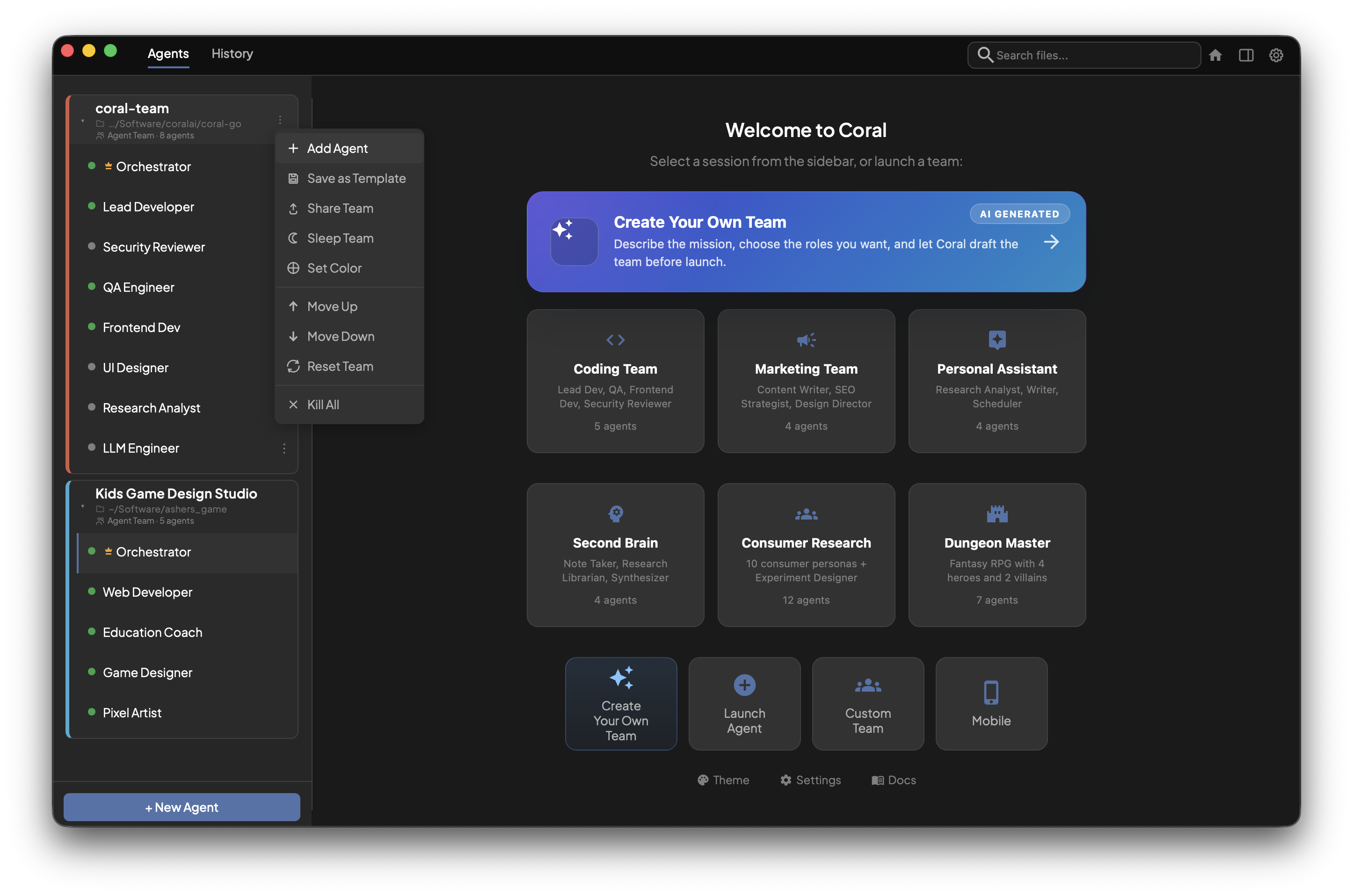 Coral sidebar team management with add agent and team actions