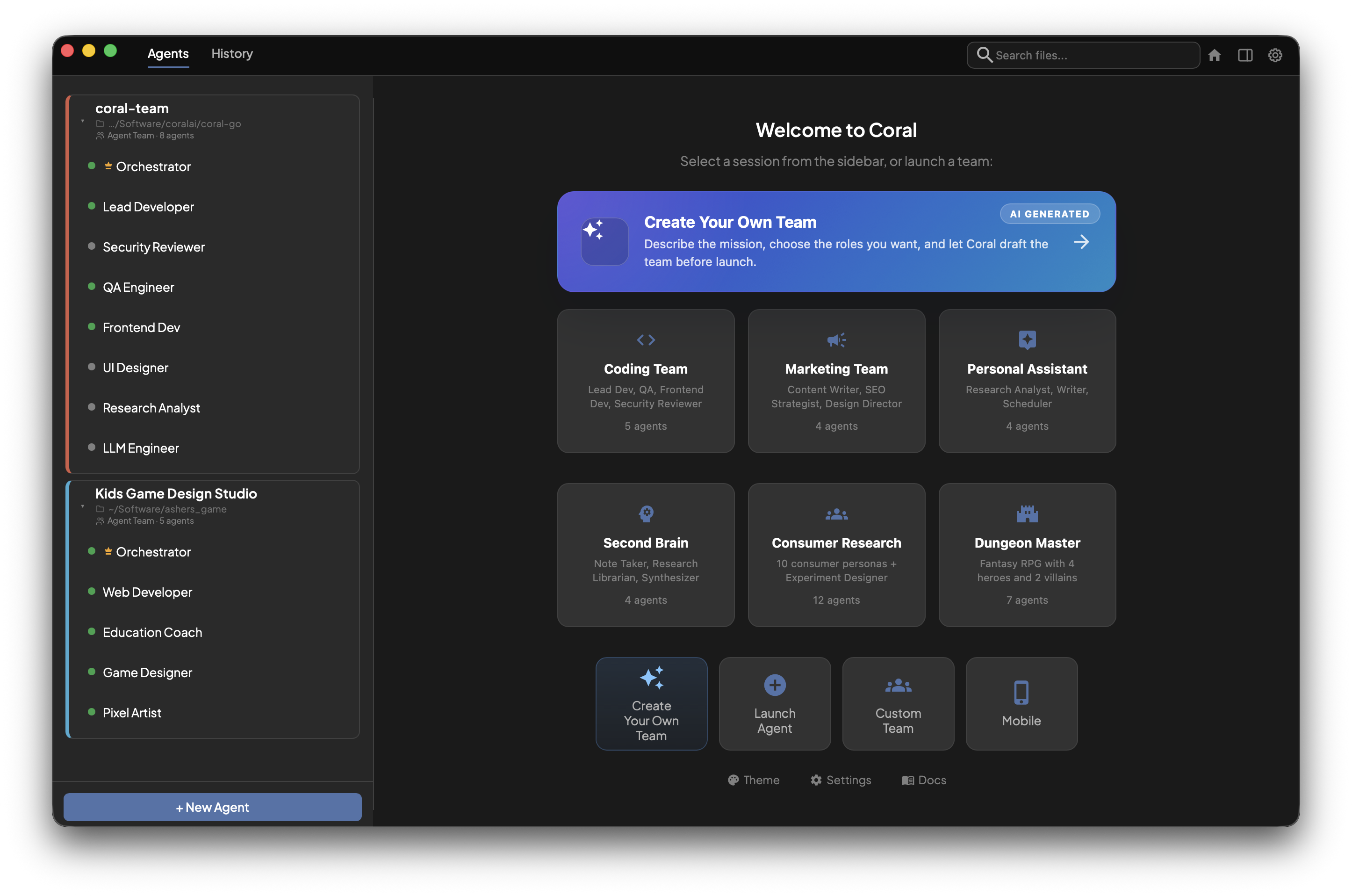 Coral dashboard home — team templates and agent sidebar
