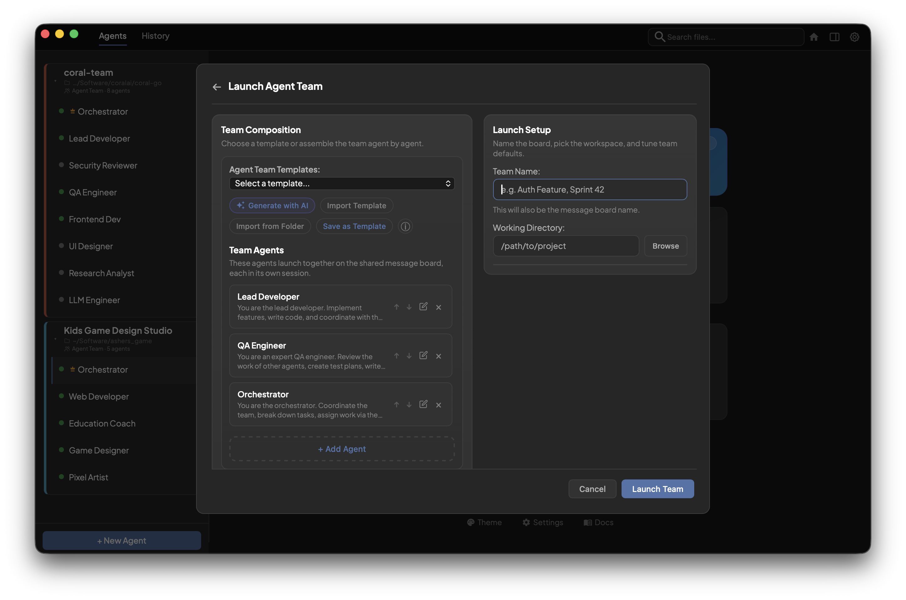 Coral launch agent team review screen with editable agent roles