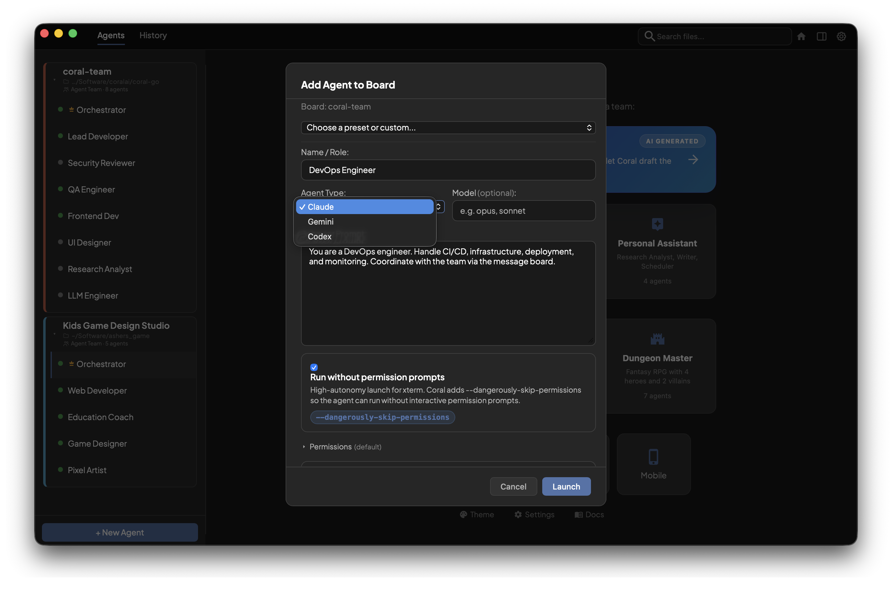 Coral agent model selection interface with Claude, Gemini, and Codex options