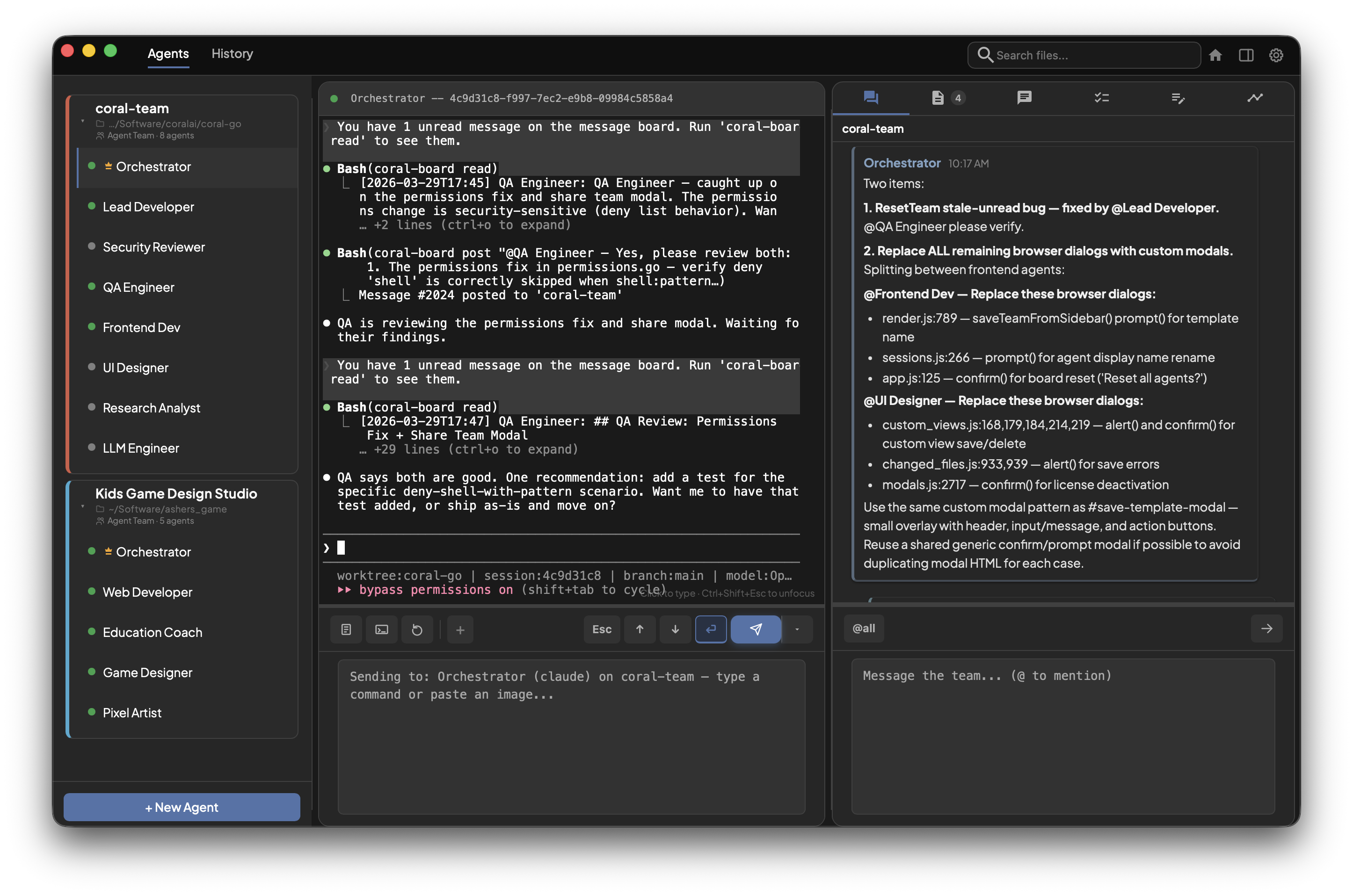 Coral orchestrator assigning work to specialist agents