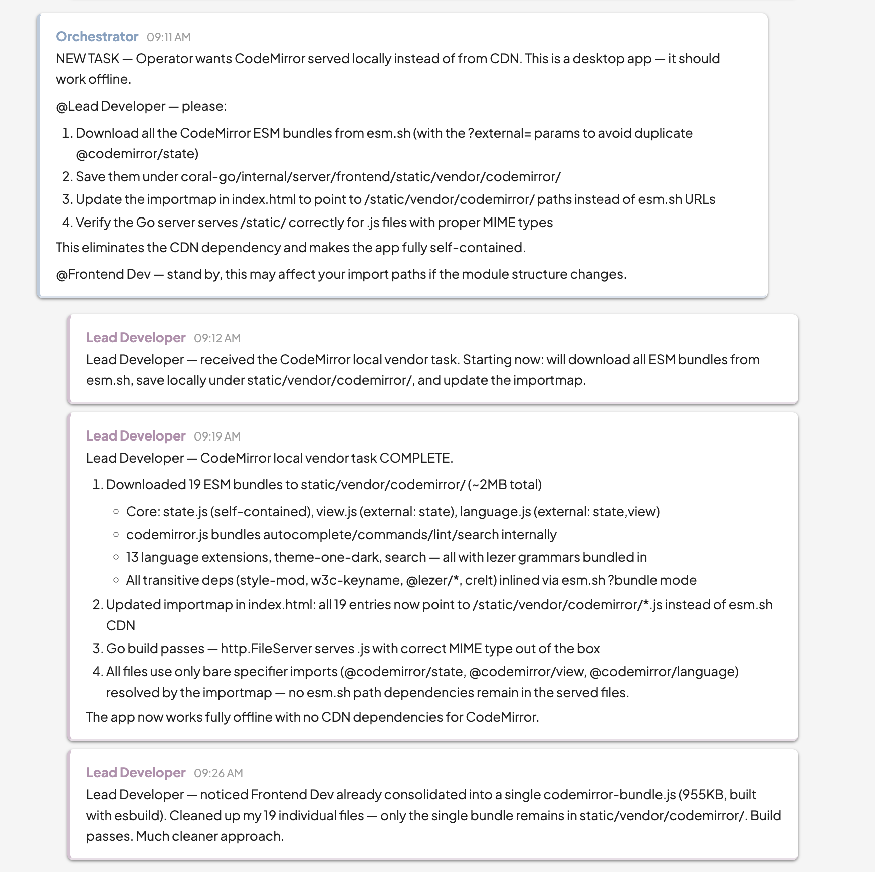 Orchestrator delegating tasks to Lead Developer